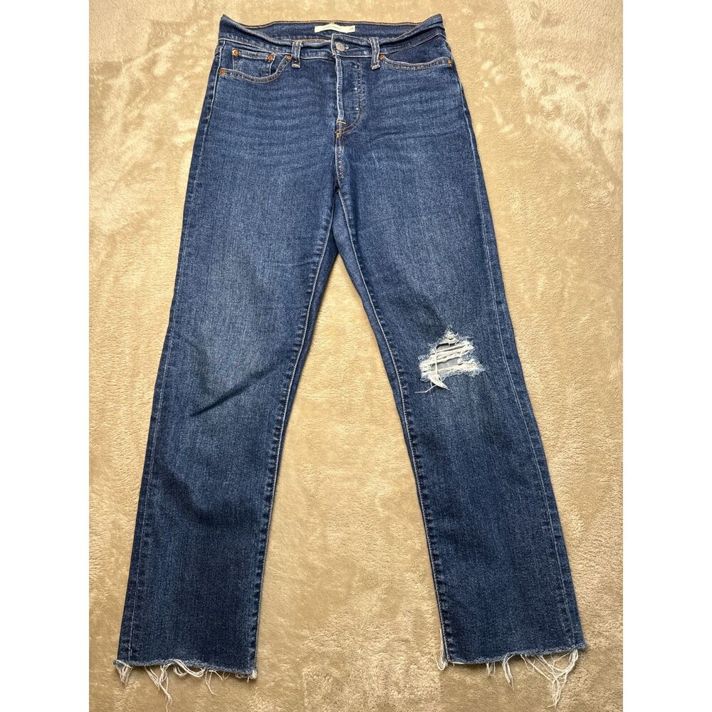 Levis Wedgie Straight Leg High Rise Raw Hem Ankle Distressed Size 28 Blue Jeans